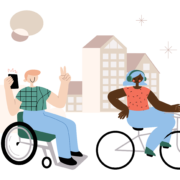 Ein Mensch sitzt im Rollstuhl und hört etwas auf seinem Handy, ein anderer Mensch sitzt auf einem Fahrrad daneben und trägt Kopfhörer. Im Hintergrund sieht man eine Stadtsilhouette
