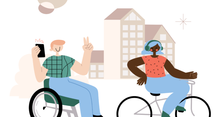 Ein Mensch sitzt im Rollstuhl und hört etwas auf seinem Handy, ein anderer Mensch sitzt auf einem Fahrrad daneben und trägt Kopfhörer. Im Hintergrund sieht man eine Stadtsilhouette