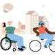Ein Mensch sitzt im Rollstuhl und hört etwas auf seinem Handy, ein anderer Mensch sitzt auf einem Fahrrad daneben und trägt Kopfhörer. Im Hintergrund sieht man eine Stadtsilhouette